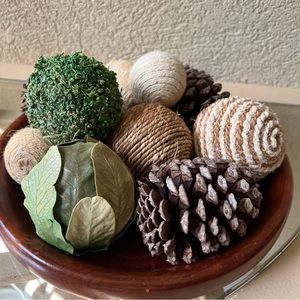 Decorative Hand Carved Wooden Bowl with Assorted Orbs Ball Fillers & Pine Cones